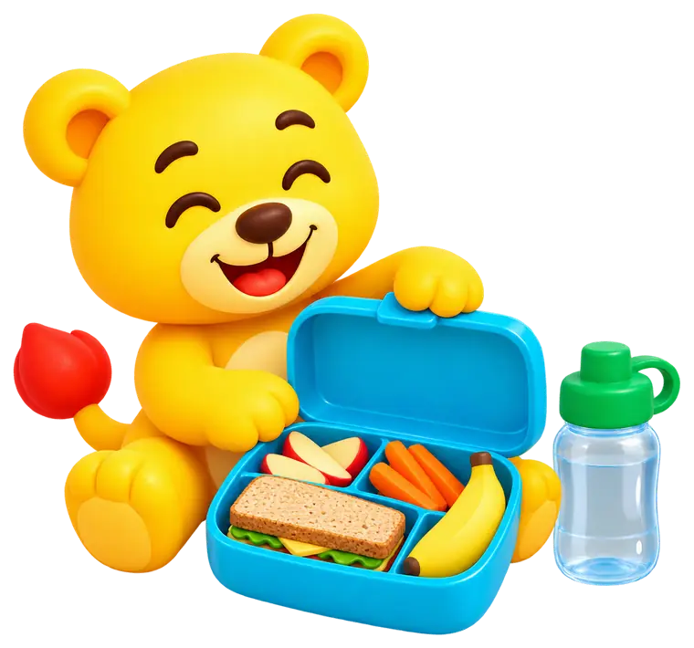 El cachorro abre su lonchera con manzana, zanahorias, plátano y un sándwich integral, junto a su botella de agua
