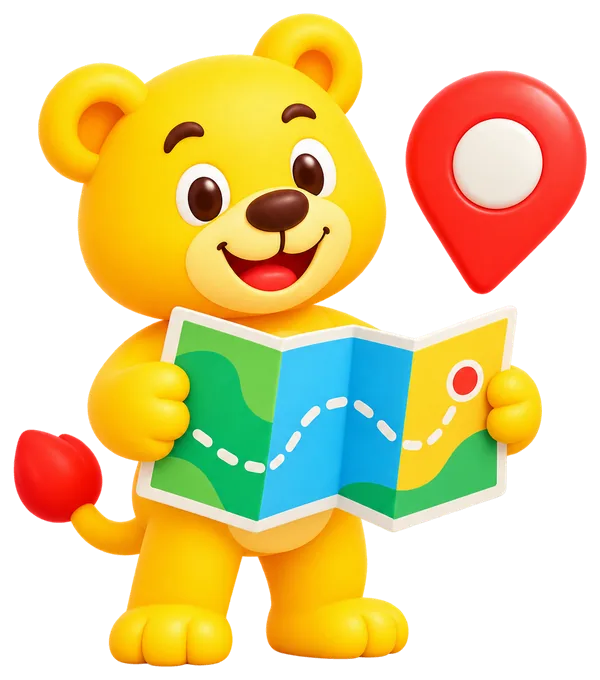 El cachorro de Mi Pediatra sostiene un mapa junto a un pin de ubicación