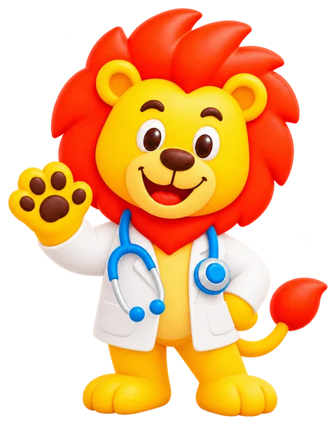 El león de Mi Pediatra, con bata y estetoscopio, saluda