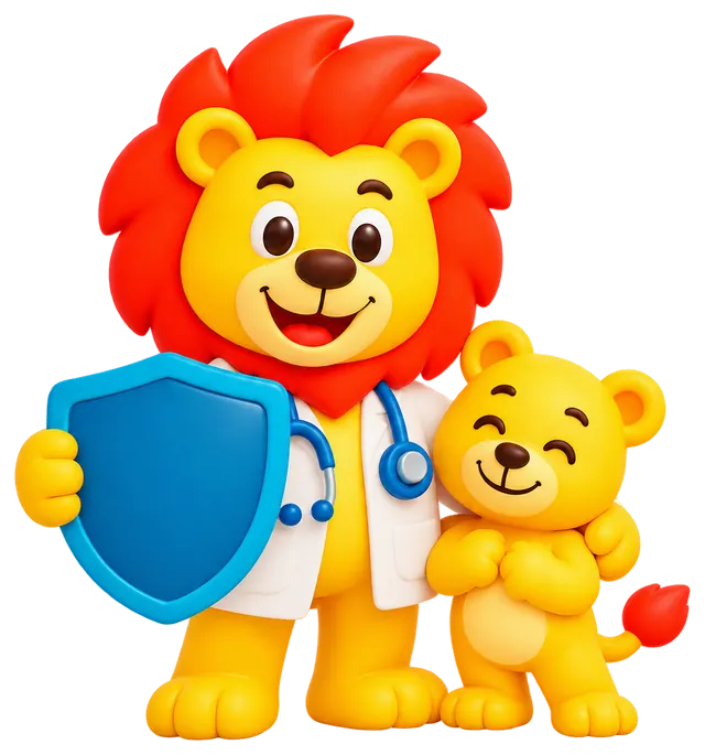 El león pediatra sostiene un escudo y abraza al cachorro, que se asoma protegido a su lado