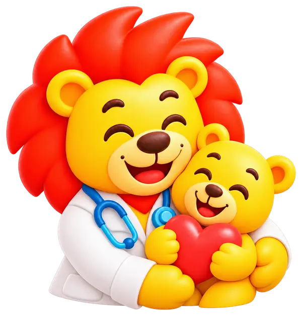 El león pediatra abraza al cachorro, que sostiene un corazón