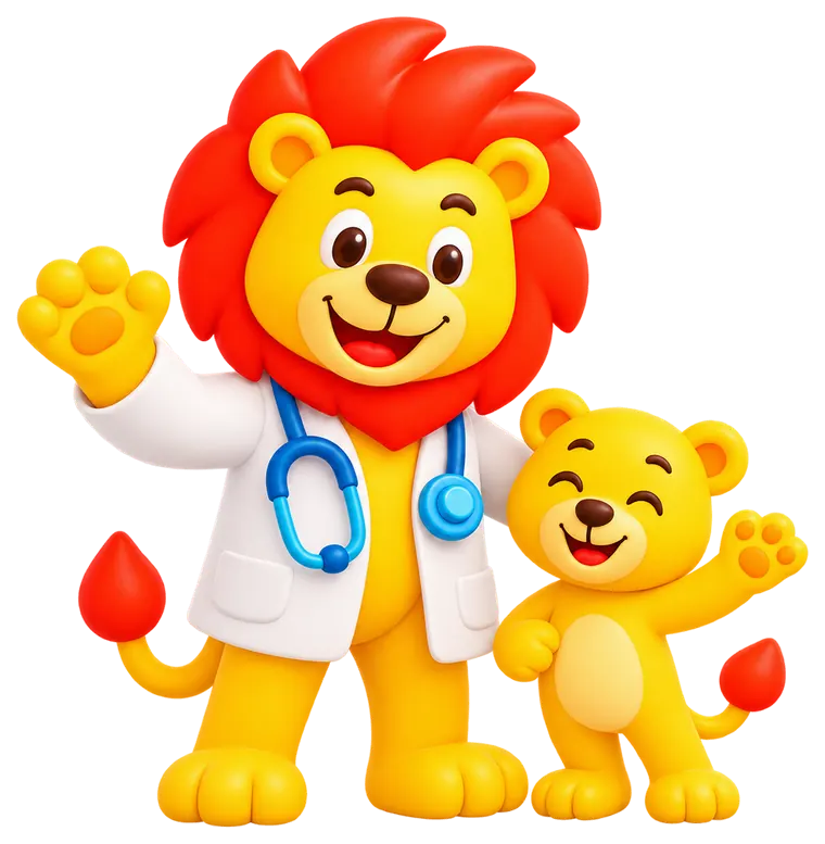 Los leones de Mi Pediatra: el león pediatra, con bata y estetoscopio, y el cachorro saludan