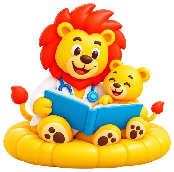 El león pediatra y el cachorro leen juntos un libro