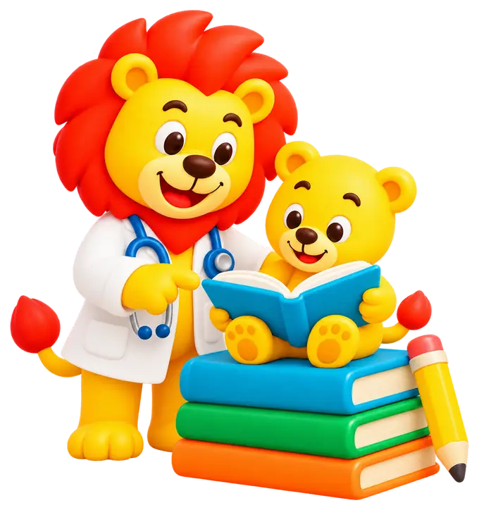 El león pediatra le señala al cachorro el libro que lee, sentado sobre una pila de libros